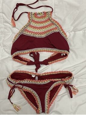 BECCA Crochet Trim Bikini Set | High Neck Halter | Large top Small bottom